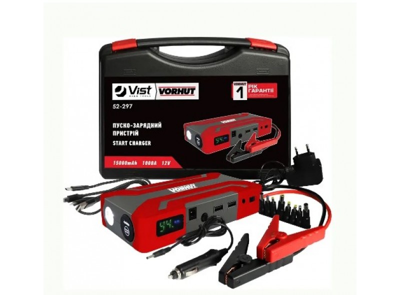Пуско-зарядний пристрій, 15000mAh, 1000А, 12V Vorhut (52-297) Пуско-зарядний пристрій, 15000mAh, 1000А, 12V Vorhut (52-297)